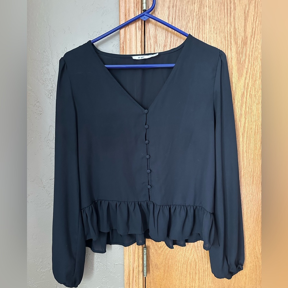 Miami Black Buttoned Ruffle Blouse